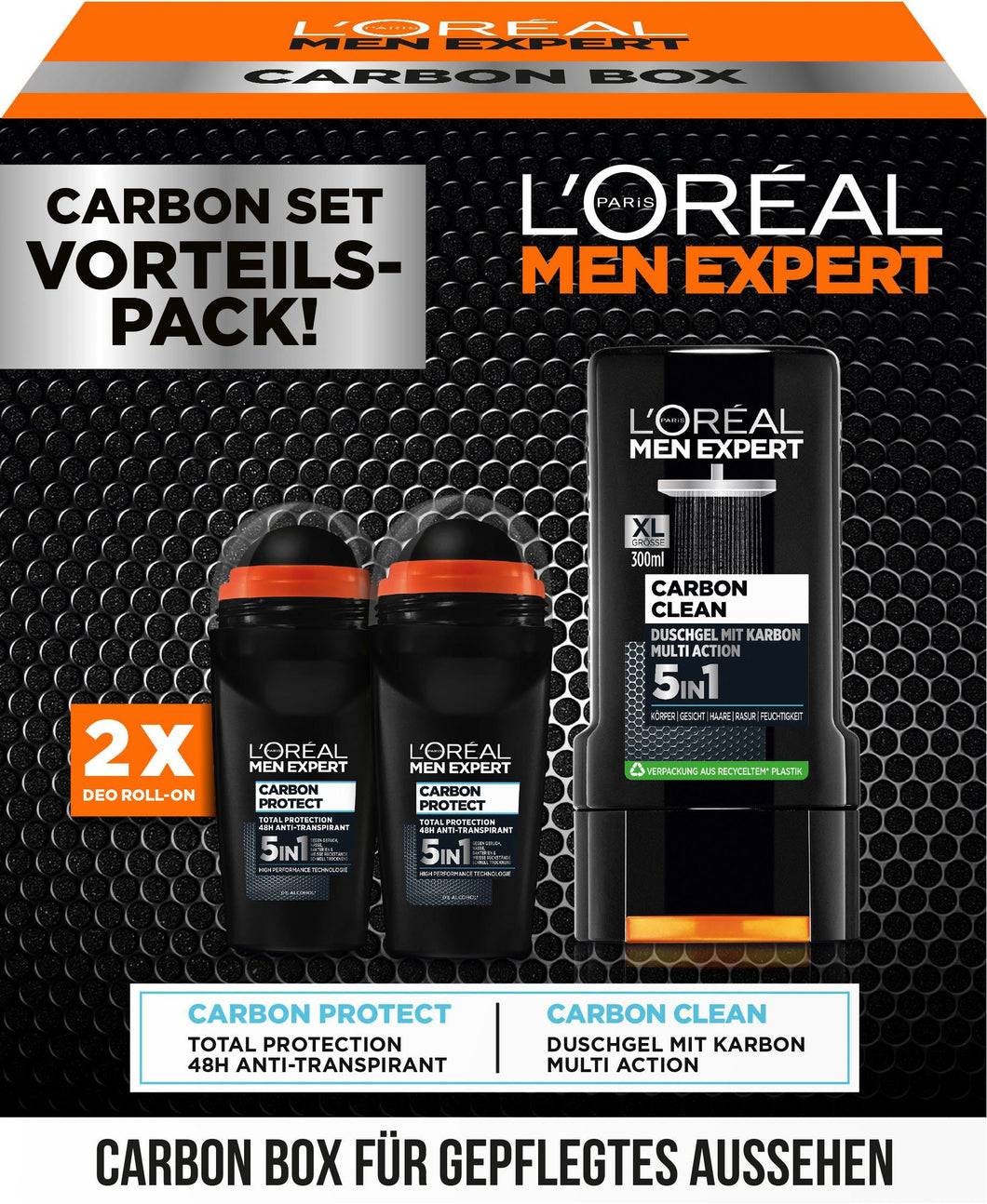 L'Oreal-Carbon Pack Set باكج رجالي شامبو وغسول جسم مع 2 رولة معطرلوريال